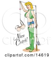 Sexy Blond Woman In Fishing Gear Holding Up Her Bra In A Hook Clipart Illustration by Andy Nortnik
