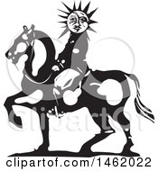 Sun And Moon Headed Horseback Man Black And White Woodcut Style