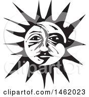 Poster, Art Print Of Sun And Moon Face Black And White Woodcut Style