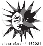Sun And Moon Face Partially In The Dark Black And White Woodcut Style