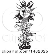 Sun And Moon Headed Flowering Vine Black And White Woodcut Style
