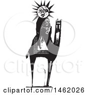 Poster, Art Print Of Sun And Moon Headed Mother Holding Wine On A Camel Black And White Woodcut Style