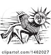 Poster, Art Print Of Sun And Moon Headed Griffin Black And White Woodcut Style