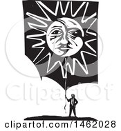 Man Holding A Sun And Moon Faced Balloon Black And White Woodcut Style