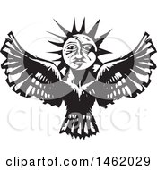 Sun And Moon Headed Flying Eagle Black And White Woodcut Style