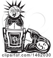 Poster, Art Print Of Sun And Moon Headed Nesting Doll Black And White Woodcut Style