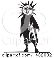 Sun And Moon Headed Man Black And White Woodcut Style