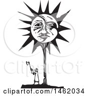 Clipart Of A Woman Chopping Down A Giant Sun And Moon Faced Tree Black And White Woodcut Style Royalty Free Vector Illustration by xunantunich