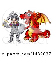 Clipart Of A Caucasian Girl Knight By A Red Dragon Royalty Free Vector Illustration
