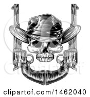 Clipart Of A Black And White Engraved Or Woodcut Styled Cowboy Skull And Pistols Royalty Free Vector Illustration