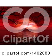 Clipart Of A 3d Surreal Landscape With A Red Sunset And Bare Branches Royalty Free Illustration