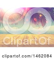 3d Wooden Dock Against A Tropical Ocean With Palm Branches And Flares