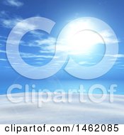 Clipart Of A Sunny Blue Sky Over A 3d Ocean And White Sand With Flares Royalty Free Illustration