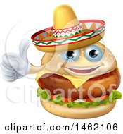Clipart Of A Cheeseburger Mascot Wearing A Mexican Sombrero And Giving A Thumb Up Royalty Free Vector Illustration