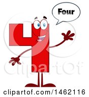 Poster, Art Print Of Red Number 4 Mascot Character Saying Four And Waving