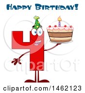 Poster, Art Print Of Red Number Four Mascot Character Holding A Birthday Cake Under Text