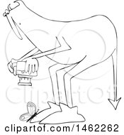 Clipart Of A Chubby Devil Leaning Over To Take A Macro Photograph Of A Butterfly Black And White Royalty Free Vector Illustration