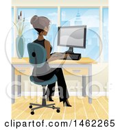 Clipart Of An African American Business Woman Working On A Computer In Her City Office Royalty Free Vector Illustration