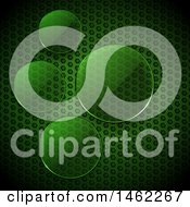Clipart Of 3d Round Glass Circles Over A Green Metal Honeycomb Texture Background Royalty Free Vector Illustration by elaineitalia