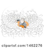 Poster, Art Print Of Stressed White Business Man In An Inner Tube Floating In Paperwork