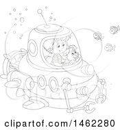 Poster, Art Print Of Black And White Happy Dog And Boy Exploring Underwater In A Submersible