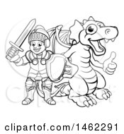 Clipart Of A Black And White Knight And Dragon Royalty Free Vector Illustration