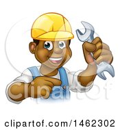 Poster, Art Print Of Cartoon Happy Black Male Mechanic Holding Up A Wrench And Pointing