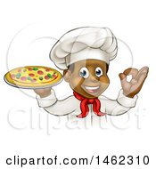 Poster, Art Print Of Cartoon Happy Black Male Chef Gesturing Ok And Holding A Pizza