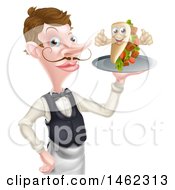 Cartoon Caucasian Male Waiter With A Curling Mustache Holding A Kebab Sandwich On A Tray