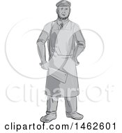 Grayscale Butcher Holding A Cleaver Knife In Drawing Sketch Style