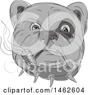 Poster, Art Print Of Grayscale Bulldog Face Smoking A Pipe In Drawing Sketch Style