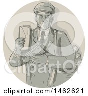 Poster, Art Print Of Vintage Mail Man Courier Holding Letters In A Circle In Drawing Watercolor Style