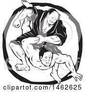 Poster, Art Print Of Black And White Samurai Jiu Jitsu Judo Fighting Scene In A Circle