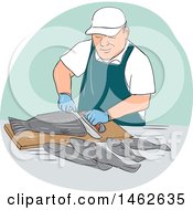 Male Fishmonger Cutting Fish In An Oval In Drawing Sketch Style