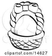 Egg In A Brown Easter Basket With A Pink Bow On The Handle Black And White Clipart Illustration
