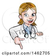 Poster, Art Print Of Cartoon Friendly White Female Doctor Pointing Down Over A Sign