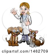 Poster, Art Print Of White Female Veterinarian Waving And Giving A Thumb Up Over A Cat And Dog