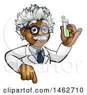 Clipart Of A Cartoon Black Male Scientist Pointing Down And Holding A Test Tube Over A Sign Royalty Free Vector Illustration by AtStockIllustration