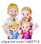 Clipart Of A Cartoon Caucasian Brother And Sister Waving With Their Mom And Dad Royalty Free Vector Illustration by AtStockIllustration