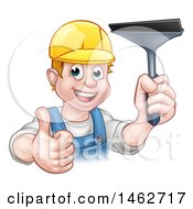 Poster, Art Print Of Cartoon Happy White Male Window Cleaner Giving A Thumb Up And Holding A Squeegee