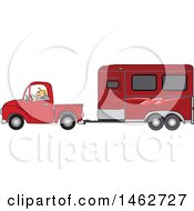 Poster, Art Print Of Man Driving A Red Pickup Truck And Hauling A Horse Trailer