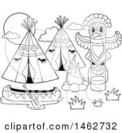 Poster, Art Print Of Black And White Native American Camp With A Canoe