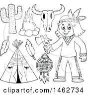 Clipart Of A Black And White Native American Boy Holding An Axe And Other Items Royalty Free Vector Illustration