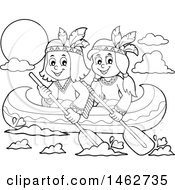 Clipart Of Black And White Native American Children Rowing A Canoe Royalty Free Vector Illustration