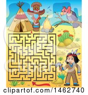 Clipart Of A Maze Game Of A Native American Boy Holding An Axe And Camp In A Desert Royalty Free Vector Illustration