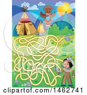 Poster, Art Print Of Maze Game Of A Native American Boy Holding An Axe And Camp In The Mountains