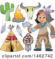Poster, Art Print Of Native American Boy Holding An Axe And Other Items
