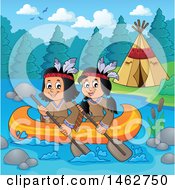 Poster, Art Print Of Native American Children Rowing A Canoe By A River Camp