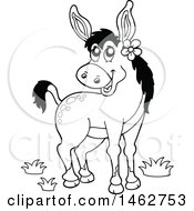 Clipart Of A Black And White Happy Donkey Wearing A Flower Royalty Free Vector Illustration
