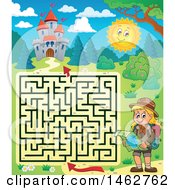 Clipart Of A Maze Of A Hiking Girl Reading A Map Near A Castle Royalty Free Vector Illustration